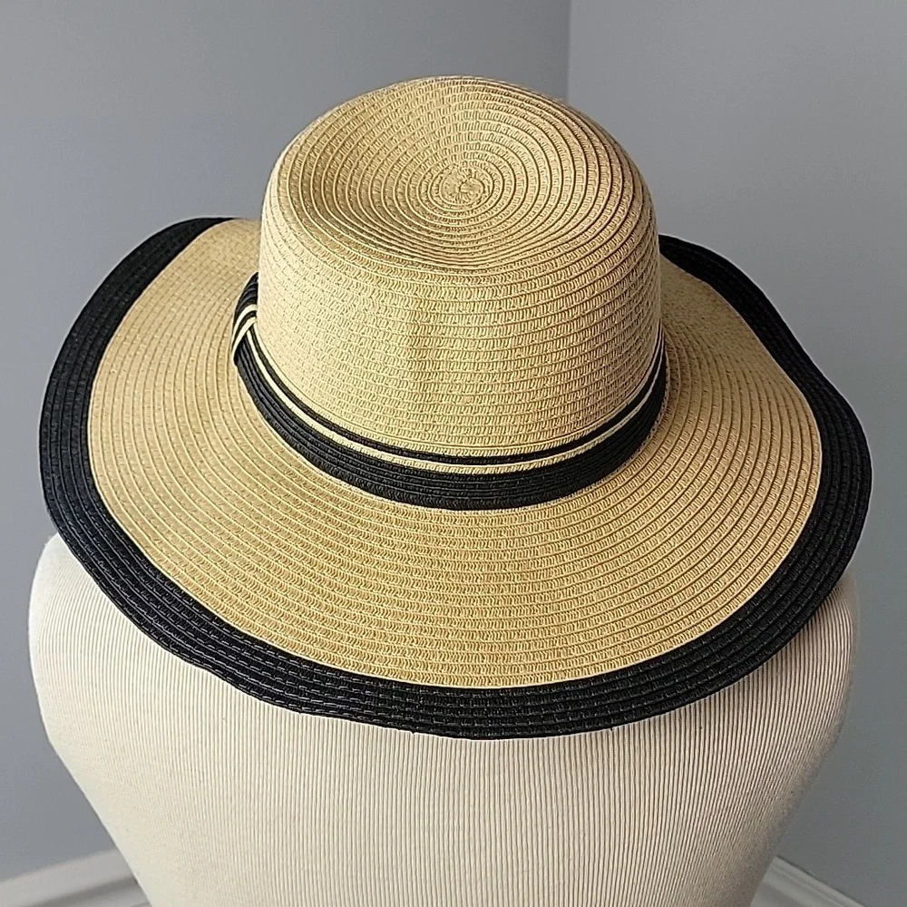 Classic Tan Black Band Trim Summer Vacation Beach Boho Retro Paper‎ Sun Hat OS